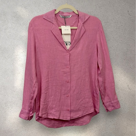 Zara Pink 100% Linen Oversized Women's Long Sleeve Button Down Top NWT- Size XS - Picture 1 of 4
